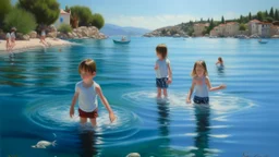 Neoclassicism 2 childeren swimming in the water the sea realistic cote d'azur painting