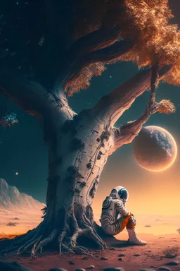 A lonely astronaut sits under the shade of an old tree on the edge of a planet. He looks at a beautiful galaxy.4k, high resolution. full detail