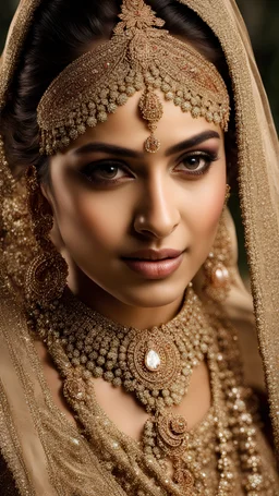 portrait that resplendent charm of an Indian bride, draped in rich silks and adorned with shimmering jewels, her eyes aglow with anticipation and joy as she prepares to embark on a new journey.