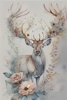 Floral stag, hand-drawn watercolor, muted colors, flowers and insects, highly detailed, realistic