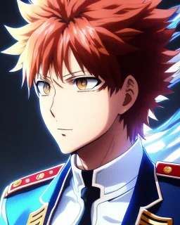 Detailed anime portrait of shoto from my hero academia, red and white hair split down the middle, blue suit, intricate details, full body portrait, keep head in frame, slight smile, black Japanese motif, concept art, highly detailed, digital painting, concept art, sharp focus, illustration, art by Yoji Shinkawa, WLOP and greg rutkowski and alphonse mucha and artgerm and yanjun Chen and Junji ito and Makoto Shinkai, HDR, octane render