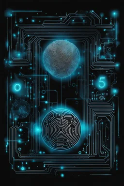 drawing art from fingerprint made of circuits, metal lines and numerical numbers with pale blue neon lights. in background the black walls with abstract and geometric shapes symbols, circle, square , a unique dark fantasy style. The atmosphere surrealism and minimalism. splash art, The black drawing artwork with ink