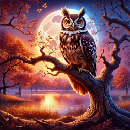 A beautiful owl on an oak by the lake, night serenity, fool moon, dramatic colors, Indian style Modifiers: highly detailed digital painting elegant beautiful dynamic lighting Magical realism perfect composition