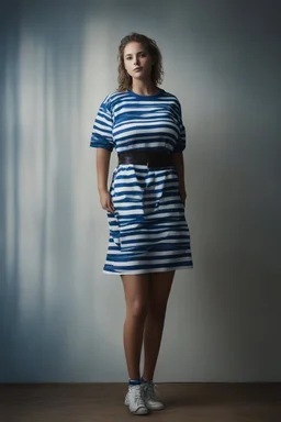 full body portrait, chiaroscuro, deep shadows, rich deep colors, highly detailed portrait, digital photograph - Bethany Spang - great big, giant, oversized, gigantic moobs, blue and white-striped nylon, short sleeved, pullover, mini dress with a belt, 21-years-old, full color, expression of extreme happiness, hope and positivity, 4k UHD, Ultra-realistic, Hyper realistic, Photorealistic, Realistic, absolute Reality, Thin, slender, skinny, underweight, slim, trim, part Cherokee Indian,