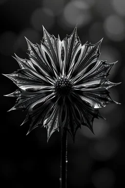 Realistic x-ray weed flower, slant angle, tilt art bokeh, dark shadowy scene. flower of death , sharp jagged petals surround the center. metaphorical, fantasy artwith intricate details, texturized effect, black and white, inspired by Hugh Turvey, Bert Myers and flower photography, enhanced with dramatic lighting