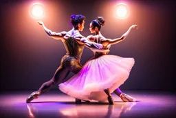 very beautiful a ballet male and female dancers couple in very pretty clothing dancing ,hyper realistic ,disco lights,very luxury dance stage ,with nice light sources and devices in stage, close up