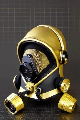 Metallic Cyber-punk style camera-mask and old headphones. Large fencing mask covers cheeks. Trim man. Reflective plastic body surface, golden skin, full-coverage. Body and Head full of integrated old-fashioned cameras and an old telephone. Golden to black surfaces body. Perfect body. Equations, Euclidean 3D-tiling, Escher tiling. 1996. Cables in head. Daft Punk. Matrix leather jacket. Hood. Beanie.