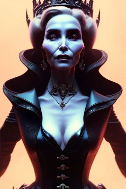 Constance Langdon as evil queen in black leather, leather, busty, cleavage, angry, stern look. character design by cory loftis, fenghua zhong, ryohei hase, ismail inceoglu and ruan jia. unreal engine 5, artistic lighting, highly detailed, photorealistic, fantasy