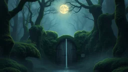 The ancient gates of a misty forest, covered in thick, vibrant green moss, under the soft glow of a full moon at midnight.