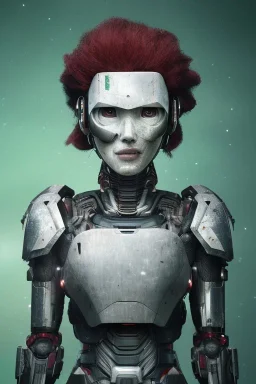 japan head portrait, warrior armor , village, meditation, woods, galaxy sky, 8k quality , portrait,beautiful robotic ,ghost in the shell , post-apocalyptic in a cyberpunk city, realistic, intriacte detail, sci-fi fantasy style, volumetric lighting,24mm , particales,highly detailed,cinematic, deep purple , green eyes .