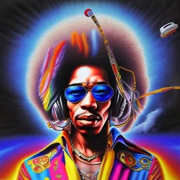 a realistic picture of Jimi Hendrix with dreadlocks, at a turntable with headphones on being a DJ, vivid color, with sunglasses, psychedelic trippy art, with UFOs in the background