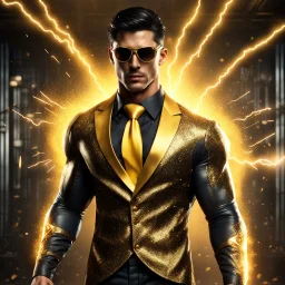 Hyper Realistic handsome muscular Electric-Superhero with short-black-hair wearing long-fancy-yellow-tuxedo-with-golden-circuit-patterns, Black-shirt & Golden-electric-tie & fancy-golden-sunglasses aggressively-unleashing-thunderbolt-from-his-punches in a dark-rustic-circuit-room with electric-sparks-&-rays & a massive circuit-board-wall with-glowing-embers showing dramatic & cinematic ambiance.