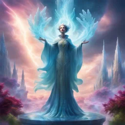 "Aetheris' revered leader, Seraphina, stands atop the Crystal Spire, surrounded by swirling clouds and radiant ethereal light. Seraphina's flowing robe mirrors the hues of the floating gardens below, while her outstretched hands manipulate the weather, shaping a serene storm of vibrant colors. The city's crystalline structures gleam with a kaleidoscopic glow, reflecting the harmony she commands. Capture the essence of Seraphina's leadership in a vivid, fantastical image."