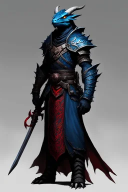 dragonborn sorcerer with red eyes, blue/black scales