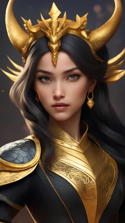 Create a character, a girl whose attire belongs to the era of cartoon films revolving around the world of dragons. Her clothing incorporates a fusion of golden and black colors, resembling metallic tones slightly. Adorning her head is a crown shaped reminiscent of dragon forms, exhibiting signs of extraordinary power, while in her hand, she wields a scepter.