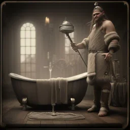 A viking and his wive having a bath, scary, steam punk, realistic, made in octane, cinematic, ultra-realistic, extremely detailed octane rendering, 8K, VRAY Super Real ar 2:3, dof photorealistic futuristic 50mm lens hard lighting dark gray tintype photograph, realistic lighting, sepia color