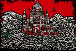 A dark blackish red vampire castle in a frozen peak painted by Keith Haring