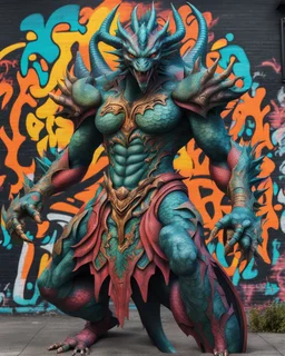 Humanoide Hombre Dragón, arte de grafiti, ultra quality, hyper-detailed, maximalist, 8k, full body