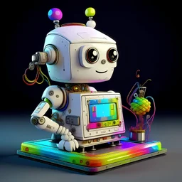 Arthur- adorable Art history printer robot, futuristic retro style adorable, white metal, surrealist pixelcore, iridescent decorations and glass filaments, pearlescent symbols, iridescent sheen, gloss, shiny,