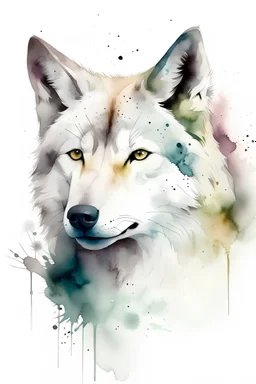 White wolf head, painting on white background, minimalistic, highly realistic, soft colours, paint splatters, tree silhouettes in the background, watercolour