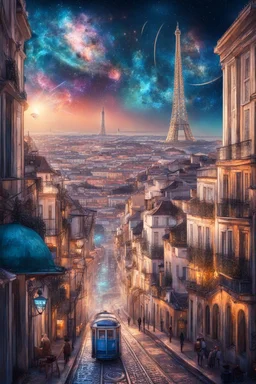 Lisbon city view in fantasy cyberpunk style with famous tram and tiled azulejo buildings, eiffel tower in background, celestial cosmic galaxy sky