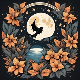 Best quality, masterpiece, ultra high res, detailed, illustration, design, flat vector style, high resolution, illustraTed, shadows and light, aesthetic, modern, ambient lighting, flat colors, vector illustration, bat, moon, leaves, stars, flowers, sailor jerry tattoo, old school tattoo