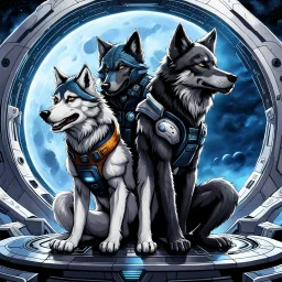 front in picture an of little dark dog like creature looking an anthropomorphic wolf couple that sitting on the spaceship's ramp close together, the female wolf sits behind male wolf and puts one paw on the wolfman's shoulder, raini day, high contrast, high detalied, high realistic, in background detail of a spaceship is visible. Rain, The atmosphere is a seamless blend of sci-fi and dark fantasy mood, professional photo