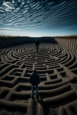 A man enters a labyrinth and the background sky draws the shape of a skull