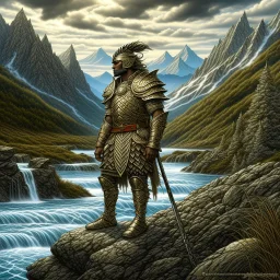 Warrior, painted, digital painting, 24k, high resolution, highly detailed, ornate, mountain views with streams of water, art by JOHN STEPHENS