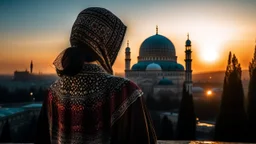 A Palestinian woman wearing an embroidered dress with the Dome of the Rock and the city of Jerusalem in front of her during sunset in winter.