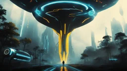 tron legacy movie, creatures,, space ships, city of the future, trees , forest, yellow, blue, red