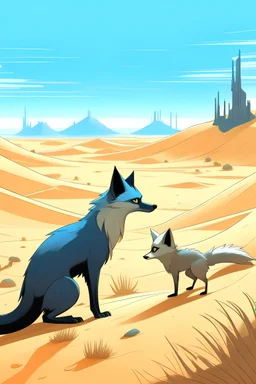 Oasis among tall sand dunes. A cerulean fox meets a curious black bear cub . Draw it all in the style of Horizon Zero Dawn