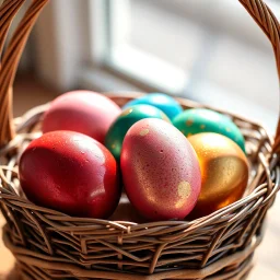 digital photograph of off-center modern basket colorful Easter eggs. eggs display intricate textures in azure, emerald, blush,red, crimson,gold, sapphire,metallic cinematic HDR backlighting highlights subtle dimples and glossy reflections, with shallow depth of field softening the sunlit background. hyperrealistic 8k resolution,