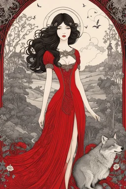 Girl in red dress and big wolf, high quality, highly detailed, Imagine an enchanting illustration inspired by the fusion of Aubrey Beardsley, Chiara Bautista, and Hayao Miyazaki, The composition blend Beardsley's intricate Art Nouveau lines, Bautista's emotionally charged and symbolic characters, and Miyazaki's whimsical and fantastical world-building, The central theme revolve around a surreal and emotionally resonant scene, featuring characters with symbolic elements and set against a backdrop