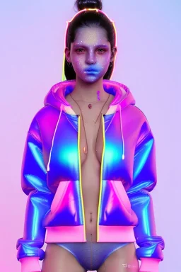 Ultra Realistic image, Rosalía artist, portrait, waist up portrait, long black eye line, sweet face, inflatable hoodie, gold pink and blue style, spray glow make up, led lights, neon, led piercing nose, led ornament, fog, bubble latex coat, vibrant color, highly detailed, art stations, concept art, smooth, unreal engine 5, god rays, ray tracing, RTX, lumen lighting, ultra detail, volumetric lighting, 3d, finely drawn, high definition, high resolution.