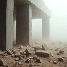 Photograph, mortar, rags, remains of concrete structure, brutalist style, paranoid light, concretions, felt, fog, powder, Yves Tanguy style, nightmare, highly minimaximalist, details of the dust very accentuated, 8k, deep 3d field