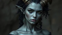 Grey skinned tiefling woman black curly hair goat horns