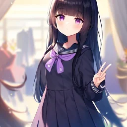 Clear Focus, High resolution, loli girl wearing a sailor school unform, black long fluffy hair, purple eyes, blocky eyes