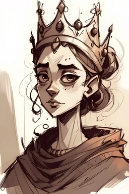 sketch of a young evilish queen that is feeling giuly but trying to pretend she is brave and she can work through it