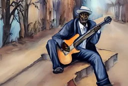 Tableau d'un vieux bluesman attendant au bord de la route avec sa guitare pour signer un pacte avec le diable