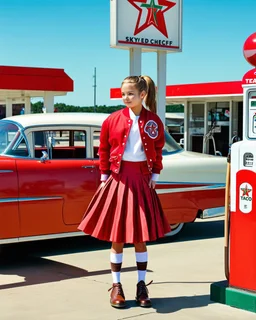 A cinematic medium shot of a young teenage girl with her hair in a ponytail. She is wearing a long poodle skirt, a high school letter jacket, bobby socks, and saddle shoes. The girl is standing outside a 1950s gas station with Texaco Sky Chief gas pumps and a sign. In the background, there's a 1950-style car. The overall image has a nostalgic and retro vibe.