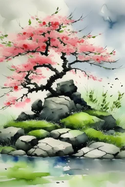 Japanese style watercolor of a Japanese garden, moss-covered stones, a delicate cherry blossom tree in bloom, realistic tones, some splatters