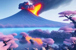 Japanese Fuji Mountain,eruption lava flows into the frozen lake , concept art, smooth, extremely sharp detail, finely tuned detail, ultra high definition, 8 k, unreal engine 5, ultra sharp focus, illustration, magic ambient, bonsai cherry blossom trees .