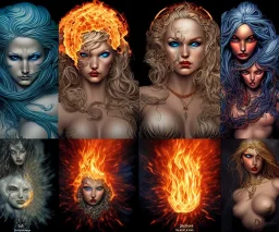 Four doll divine representing each one the four elements: Fire: Earth: Air: Water. Mark Brooks and Dan Mumford, comic book art. Detailed photograph. Insanely intricate face, hair lashes. Fantasy art album cover HD resolution