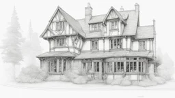 A highly detailed front elevation line drawing of Harry Potter's The Burrow.