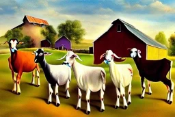  7 different Goats with unique colors posing on a farm with a barn by Dali