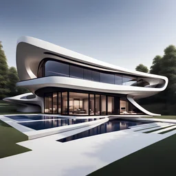 Arte lineal Vista frontal de una casa campestre moderna, estilo Zaha Hadid, minimalista,calidad ultra, 12k