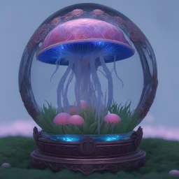 "highly intricately detailed hyperrealistic shot of a shiny glowing crystal Jellyfish inside a jewel encrusted ornate filigree glass apple in a bioluminiscent starry flower meadow! blue pink bioluminiscensce, glowing light, HD film still, uncropped, 8k, incredible depth, dramatic triadic lighting"