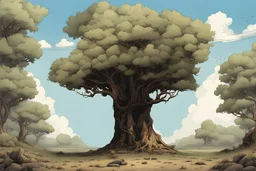 one tree middle of the image, bared land, post-apocalypse, front view, comic book, cartoon,,