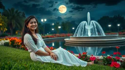 Hyper Realistic Photographic Close View Of Pakistani Pashto Young Woman [Age 24] Happily Sitting On A Beautiful Green Grass Wearing A Beautiful White Dress Inside A Colorful Flower Garden Near A Water Pond With Water Fountain Between The Pond With Artist Street Lamps Surrounding The Pond At Dark Cloudy Full Moon Night Showing Dramatic And Cinematic Ambiance.